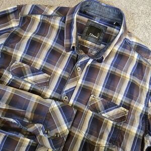 7 Diamonds Mens Blue Plaid Western Button Up Long Sleeve Pearl Snap Cuff XL‎